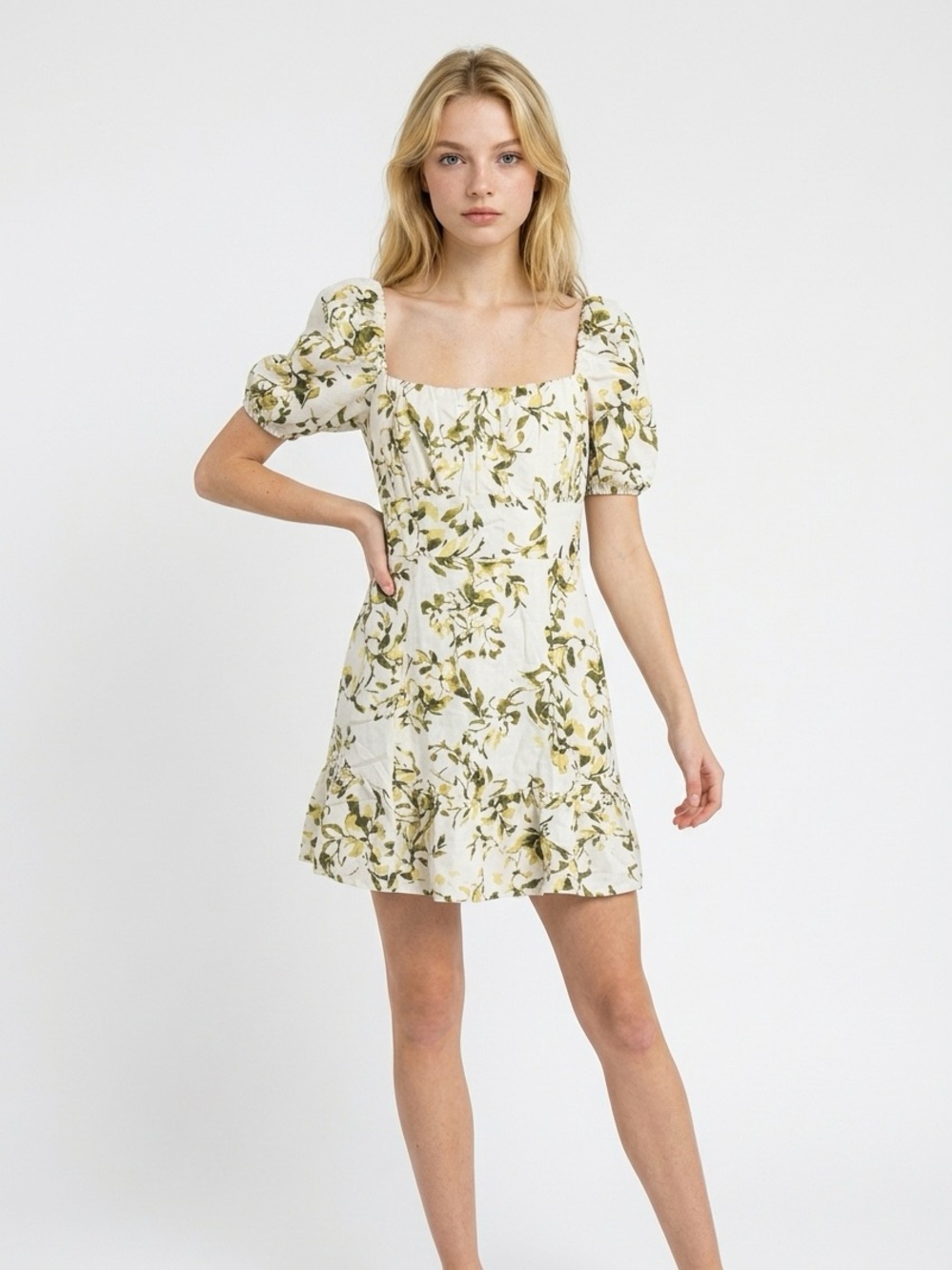 London Times Cream Floral Puff-Sleeve Mini Dress with Green Print